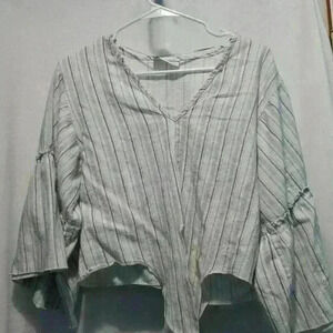 linen 100% neutral stripes, boxy  huge trumpet sleeves front tie boho vintage